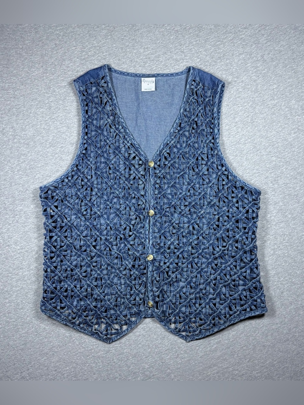 Vintage Denim Lattice Weave Vest Blue Women 1X Cascade Blues Western Cottagecore